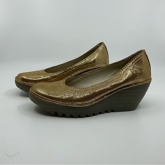 Fly London Shoes - Fly London Gold Leather Slip-on Wedges